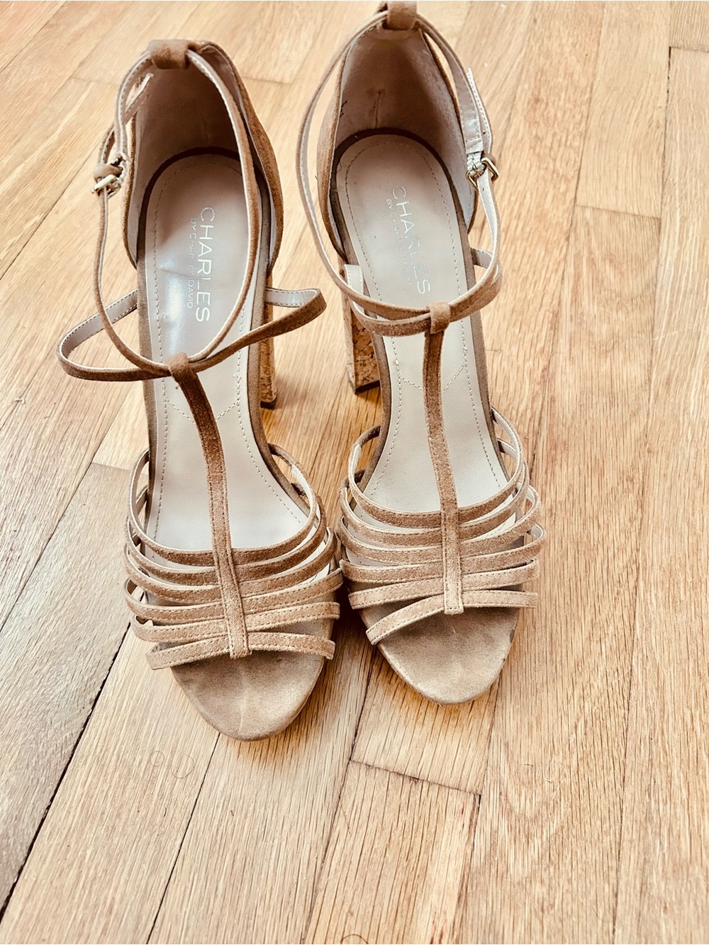 Charles by Charles David Tan Suede Multi-Strap T-Bar Block Heels
